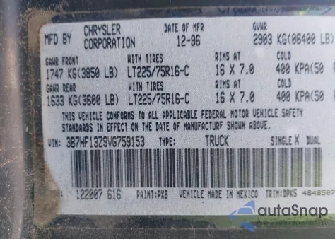 1997 Dodge Ram 1500 St from USA, damaged, VIN 3B7HF13Z9VG759153